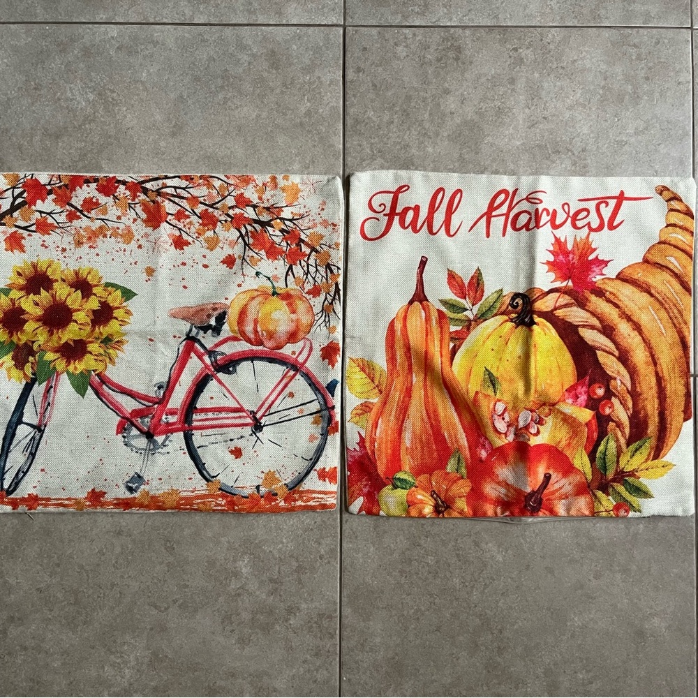 2 Fall Harvest Thanksgiving Orange Bright Colors Pillow Cases Burlap